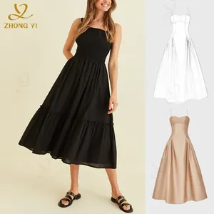 Yeni uzun elbise 50 adet küçük adedi özel giyim üreticisi yaz kadın 100% pamuk kumaş kayma rahat Midi elbiseler