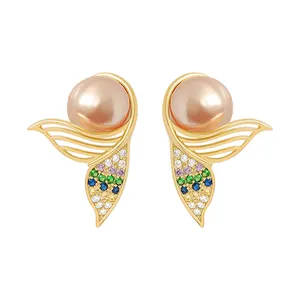 ED61747 Korea Fashion Lucu 925 Perak Pos Zirconia Simulasi Mutiara Fishtail Stud Anting-Anting untuk Wanita Perhiasan Berlapis Emas