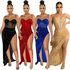 custom made women blue sexy red color plus size gold evening party sleeveless sequin high split maxi prom dance long dress 2023