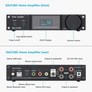 Amplificateur Fosi Audio DA2120C bleu 120W x 2 stéréo HiFi 2.1 canaux, diffusion sans fil, classe D, mini amplificateur de puissance, caisson de basses, <span class=keywords><strong>DAC</strong></span> USB - Product Image 5