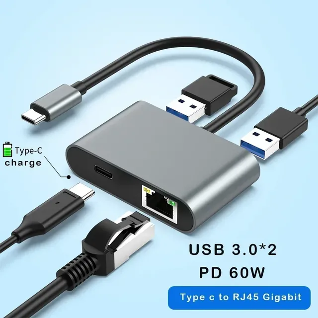 1000Mbps Ethernet LAN Network Adapter USB-C to RJ45 Adapter 60W PD 2 USB 3.0 Ports External for PC Computer Laptop
