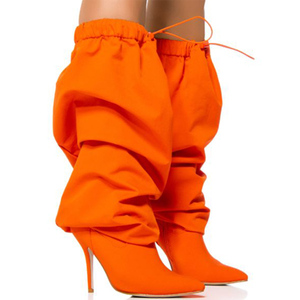 Wide Fit Top Women Orange Over Knee High <b>Boots</b> Side Zipper Stiletto Ladies Pointed Toe Lace up Shoes Thigh High Long Booties - Product Image 4