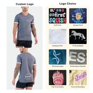 Haute qualité hommes coton Spandex haute Stretch col en V coupe ajustée sportif écologique respirant T-Shirt Patchwork bleu blanc court - Product Image 3