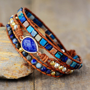 Bracelet en cuir multicouche Lapis Lazuli, forme goutte d'eau, serti de pierres, bijou cadeau - Product Image 2