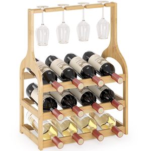 JQ-Estantes de pie pequeños de bambú para 12 <span class=keywords><strong>botellas</strong></span> de vino y <span class=keywords><strong>4</strong></span> soportes de vidrio - Product Image 1
