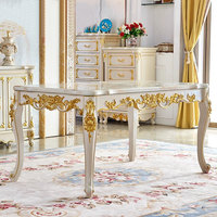 Table à manger rectangulaire en chêne massif de style européen, avec plateau en marbre antique, ensemble de salle à manger de luxe doré blanc pour restaurant et maison