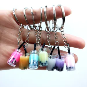 Neuartiger Schmuck Zubehör Schlüssel anhänger Flasche Saft Getränk Schlüssel ring Harz Perle Milch Tee Schlüssel bund Tasche Anhänger Für Frauen Mädchen Geschenk