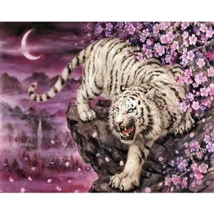 ภาพวาดติดเพชร5D สัตว์ภาพปักเพชรภาพเสือภูเขาสีขาวภาพพลอยเทียมติดเพชร