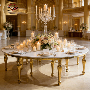 Modern Wedding Dinner Gold Metal Frame White MDF <b>Top</b> Serpentine Dining Table with Chairs for Home & Hotel Use - Product Image 4