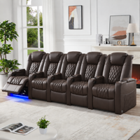 Canapé inclinable électrique classique 5 places en cuir pleine fleur avec appuie-tête réglable, ports USB Type-C, porte-gobelets LED et structure métallique