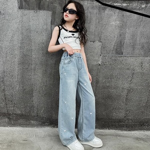 D187 Nuovi Jeans in Cotone a Gamba Dritta per Ragazze con Ricami, <span class=keywords><strong>Pantaloni</strong></span> Sportivi per Bambini per Autunno e Inverno - Product Image 4