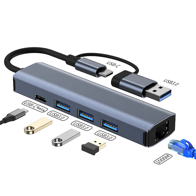 Multiport TYPE-C 5 in 2 USB 3.0 Hub USB-A to USB +1000mpbs Adapter Docking Station for Laptop for Windows 7 or Above Systems
