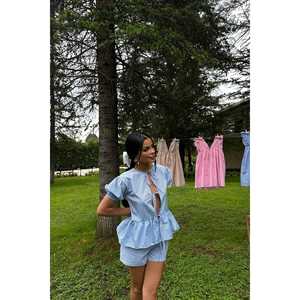 Conjunto Casual de Dos Piezas para Mujer, Modelo Blue Laura a Cuadros, Shorts por Encima de la Rodilla con Tela de Lana, Talla XS para Verano - Product Image 4