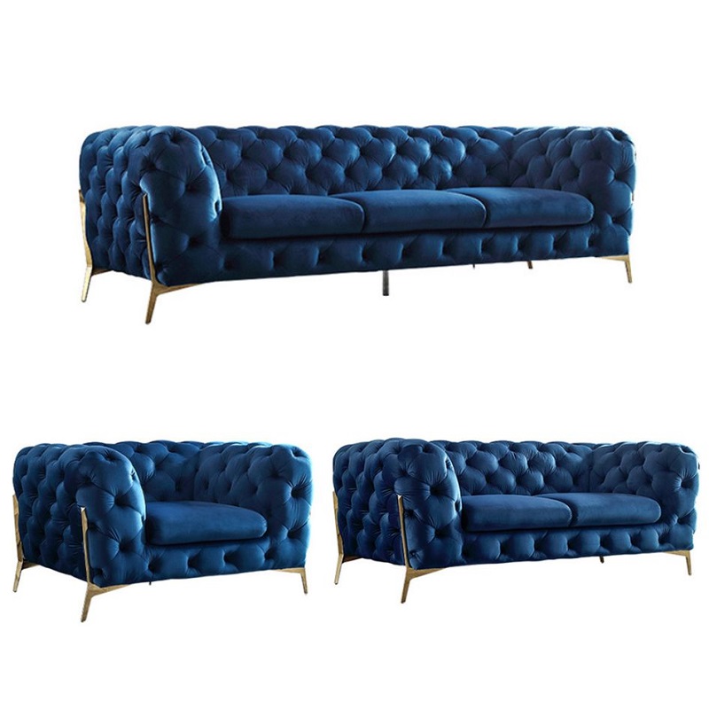 Set Sofa Chesterfield Lounge Beludru, dengan Kancing Berlian Di Furnitur Ruang Tamu