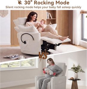 Poltrona a dondolo manuale per cameretta, reclinabile girevole a 360° con porta telefono e poggiapiedi, in ciniglia oversize, bianca - Product Image 4