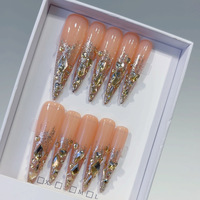 Lot de faux ongles longs à presser, forme Stiletto, gris, nude, rose, base argentée, avec pierres marquise dorées, pour nail art