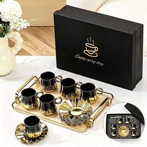 ชุดกาแฟตุรกีสีดำทองสุดหรู 6 ชิ้น แก้วเซรามิกพร้อมถาดสีทองและกล่องของขวัญสุดหรู - Product Image 1