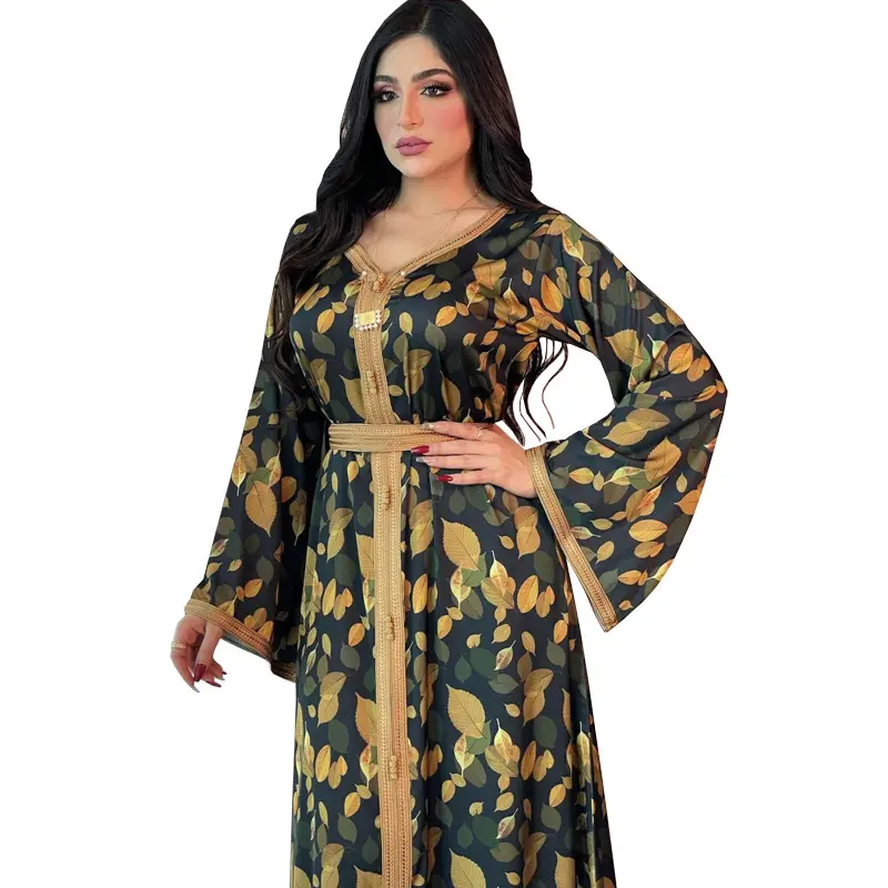 Новый дизайн, длинное платье с золотистой отделкой и принтом листьев, абайя, с поясом, мусульманское платье, мусульманское платье Дубай, Турецкая джалабия
