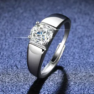 Bague réglable 1ct 2ct classique fiançailles argent mariage hommes classique moissanite bague en rond blanc