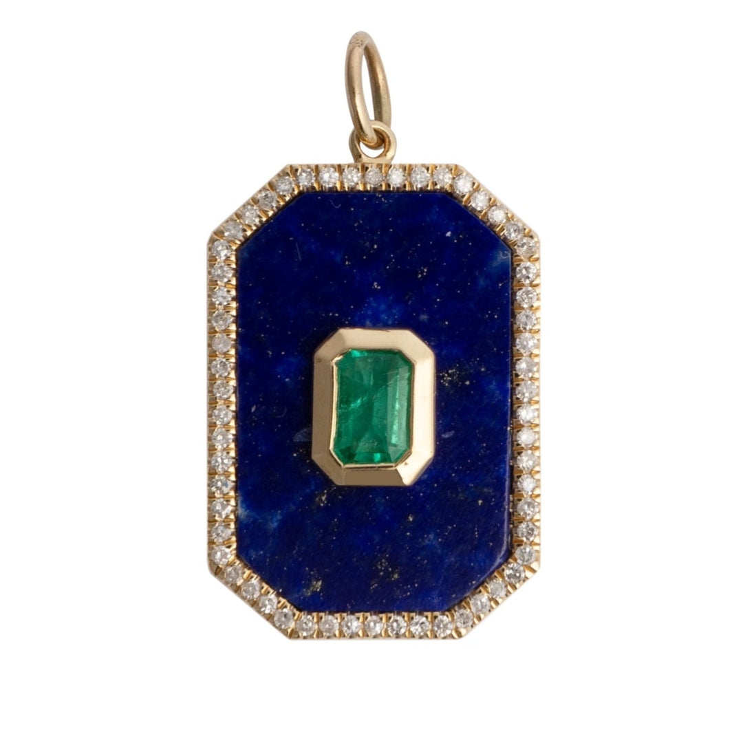 Pendentif octogonal diamant émeraude lapis lazuli