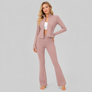 Ensemble de yoga 2 pièces inspiré de <span class=keywords><strong>Lulu</strong></span> avec logo personnalisé pour femme : veste courte à col montant et pantalon de yoga évasé taille haute - Product Image 4