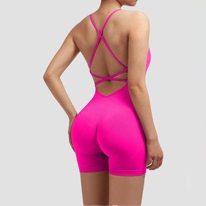 Body sans couture pour femme, dos nu, bretelles croisées, short taille haute, rose uni, en Spandex et Polyester, extensible dans les quatre sens - Product Image 1