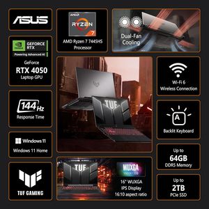 สำหรับแล็ปท็อปการเล่นเกม TUF A16 AMD 16นิ้ว WUXGA IPS 144Hz Ryzen 7 16GB Ddr5 512GB SSD GeForce RTX 4050 Mecha สีเทา - Product Image 2