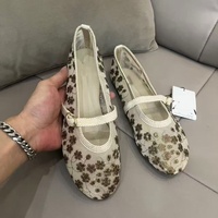 ZA 2026 Nouvelle Collection Automne – Sandales Plates Brodées en Soie Filet avec Perles et Rayures, Boutons, pour Femme – Chaussures Ballerines