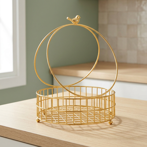 <b>Gold</b> Metal Wire <b>Storage</b> <b>Basket</b> Circle Bird Handle Elegant Kitchen <b>Storage</b> Organizing <b>Basket</b> - Product Image 1