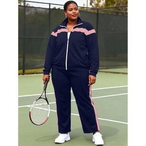 Ensemble de survêtement 2 pièces pour femmes FOXA, taille plus, veste zippée, pantalon de survêtement, couleurs contrastées, bande latérale, vêtements décontractés - Product Image 5