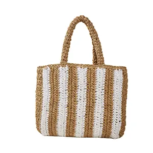 Summer Striped Straw Paper Bag Style Manufacturers Handmade Straw Woven Women's Handbags