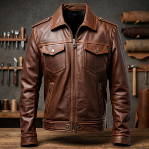 Chaqueta de Motociclista de Cuero Genuino Marrón para Hombre, Cuello Camisero, Cierre de Cremallera, Corte Regular, Estilo Otoñal - Product Image 4