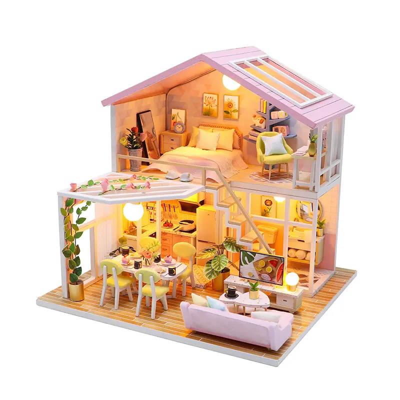 Terbaru populer Mini kamar kerajinan Kit mainan kayu miniatur Diy rumah boneka dengan lampu Led untuk anak-anak