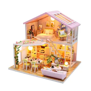 Último Popular Mini Room Craft Kit Juguete de madera Miniatura Diy Casa de muñecas con luz LED para niños