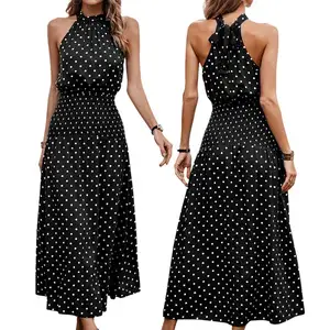 High Fashion Pleated Waist Halter Casual Chiffon Black Maxi Dress with White Polka Dots