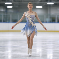 Robe de patinage et de danse dégradé bleu et blanc, maille nude, manches longues, strass floraux, pour enfants et adultes, compétition et performance
