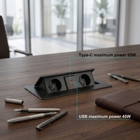Prise escamotable moderne pour bureau, livraison rapide, 2 ports USB + 1 port USB Type-C, charge rapide PD 65W, alliage d'aluminium noir