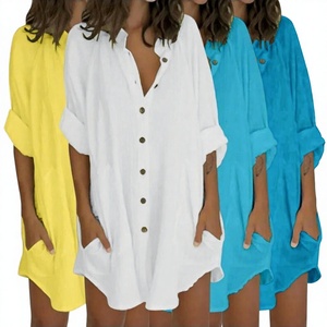 Vestido Camisero Casual Tejido para Mujer, Cuello Mao, Bolsillos, Manga Larga, Verano, Playa - Product Image 3