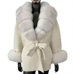 Manteau en laine pour femme, nouveau style luxe léger avec col en fourrure de renard, coupe courte haut de gamme avec ceinture <span class=keywords><strong>à</strong></span> nouer, manteau en laine chaud pour l'hiver, vente en gros - Product Image 4