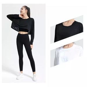 Aoyema Sports Top <span class=keywords><strong>donna</strong></span> autunno a <span class=keywords><strong>maniche</strong></span> <span class=keywords><strong>lunghe</strong></span> t-shirt allentata Running Yoga Clothes abbigliamento Fitness camicetta ad asciugatura rapida Crop Top - Product Image 3