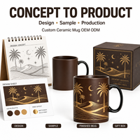 Tasse à café/thé en céramique marron foncé avec motif palmier tropical et feuille d'or – Cadeau d'entreprise, logo personnalisé, vaisselle haut de gamme en gros