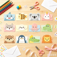 Enveloppes en carton personnalisées avec des dessins animés d'animaux pour les cartes d'invitation de fête d'anniversaire des enfants, ensemble de papeterie personnalisée pour la rédaction de lettres