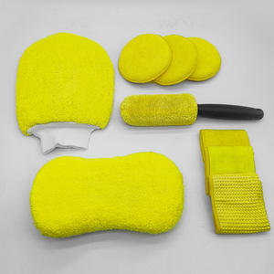 Microfiber Car Cleaning Kit 9 Piece Yellow <b>Scratch</b> Free Wash Mitt Cloths Sponge Applicator <b>Pads</b> Wheel Brush - Product Image 4