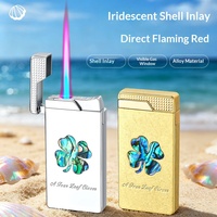 Briquet coupe-vent en métal, motif trèfle à quatre feuilles, coquille d'ormeau, flamme colorée, emballage cadeau