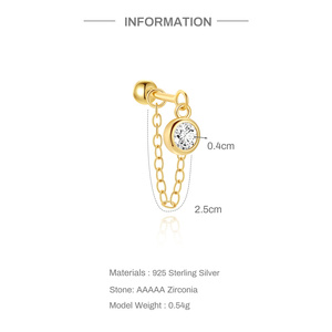 Single S925 Sterling <b>Silver</b> 18K Gold Plated Single 3mm Ball 2cm Long Tassel Chain Piercing Piercings <b>Earring</b> - Product Image 6