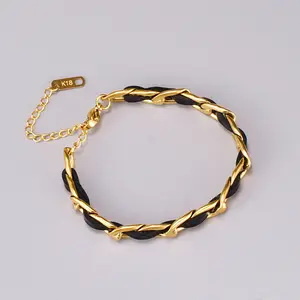 Hiphop Genuine Leather Braided Curb Wrist Chain Bracelet 18K Gold Plated Stainless Steel Cuban Link Leather Bracelets