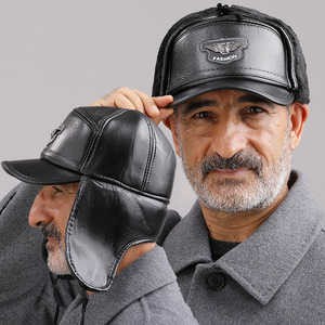 Gorro con orejeras de lana impermeable y cálido para hombre, gorra de béisbol de felpa negra ajustable para personas de mediana edad y mayores - Product Image 1