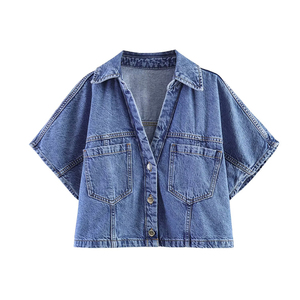 PB&ZA Donna 2024 Nuova Moda Estiva Camicette Corte in <span class=keywords><strong>Jeans</strong></span> Vintage Casual Maniche Corte in Denim Camicie Femminili Chic - Product Image 2