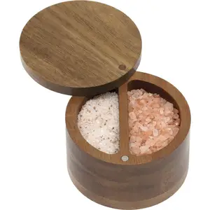 Kitchen Desktop Storage Box Round Acacia Wood Salt Box Wooden Spice Box With Swivel Cover