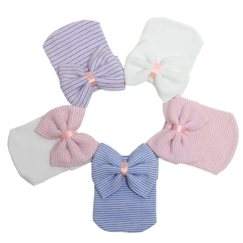 Sombrero cálido para bebé recién nacido, gorros de algodón a rayas, gorros suaves de Hospital, color rosa y blanco, con lazo para niños y niñas de 0 a 6 meses